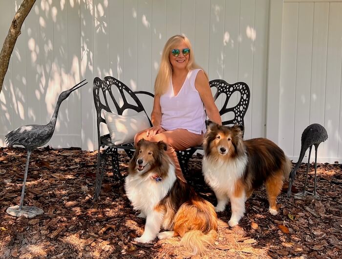 Woman sitting on a butterfly bench with two Sheltie dogs.