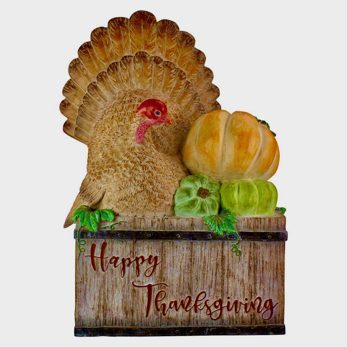 Thanksgiving turkey and pumpkins centerpiece.
