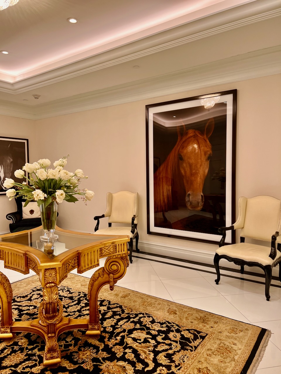 The lobby of the Equestrian Hotel showing photos of horses.