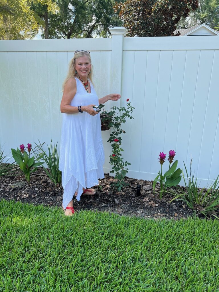 A blonde woman wearing a flowing white dress is pruning her rose bush.