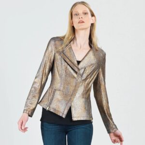 A photo of a model wearing a copper jacket.