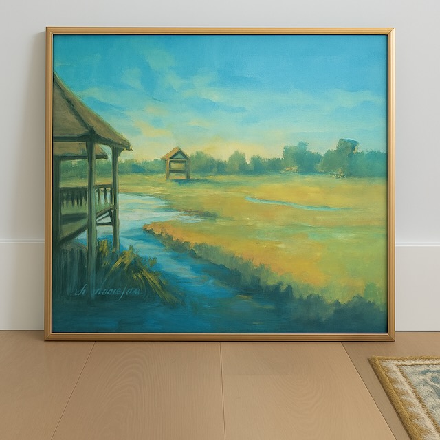 Coastal oil painting in a new contemporary frame.